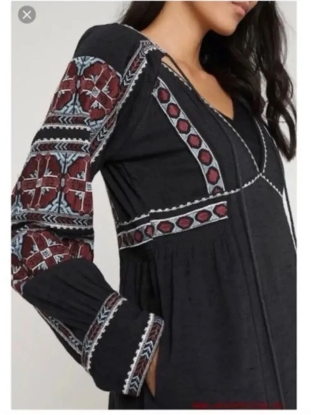 Free People Black Embroidered V-Neck Long Sleeve Mini Dress